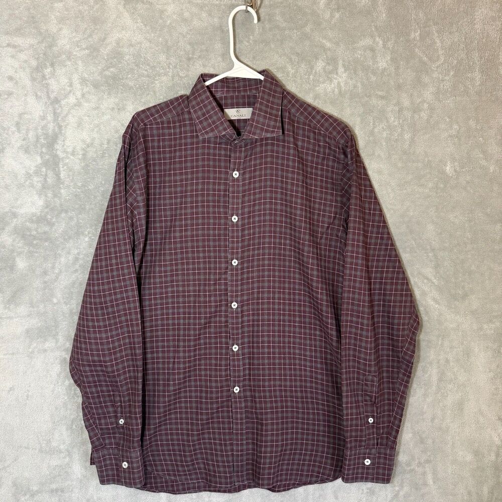 Canali Button Down Shirt Mens XL Purple Gray Plaid Cotton Long Sleeve Italy